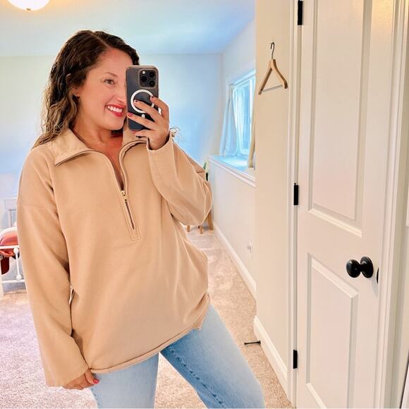 J. Crew Cotton Rose Pink Tunic Half Zip Sweatshirt w Pockets Medium - Picture 1 of 10